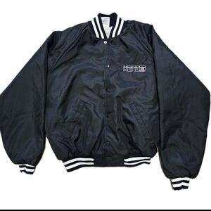 Vintage Bomber Jacket Mens Large Black White Stripe Satin Bomber 80s Kenco Grp